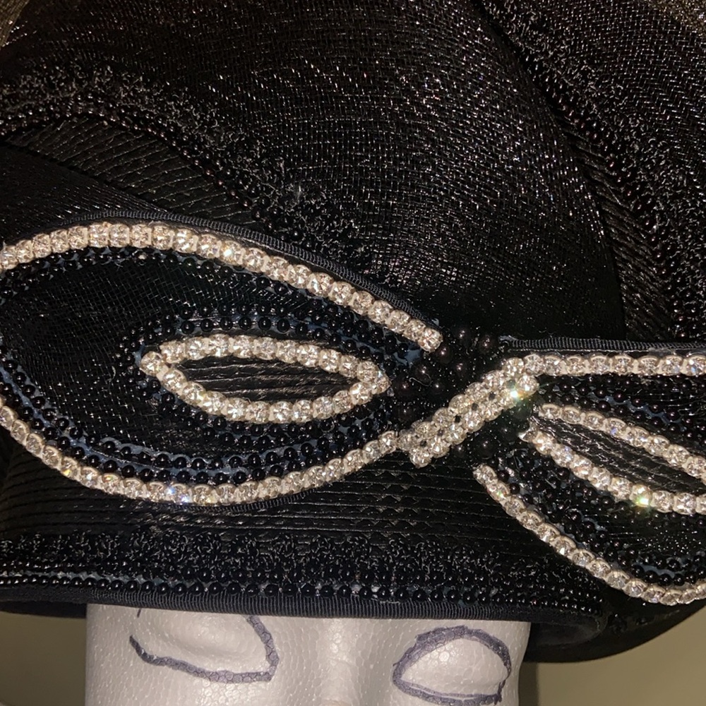 Black Decorative Ladies Dress Hat with Rhinestone Bow - Picture 4 of 8